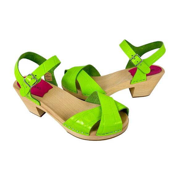 Swedish Hasbeens NWOB Mirja Neon Green Croc Print Leather Wood Heel Sandals - Picture 2 of 11